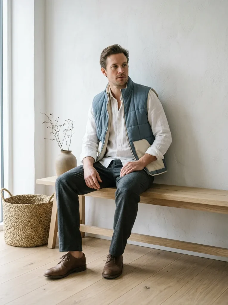 15 cozy scandinavian quilted jackets and vests ideas styled with neutral clothing.