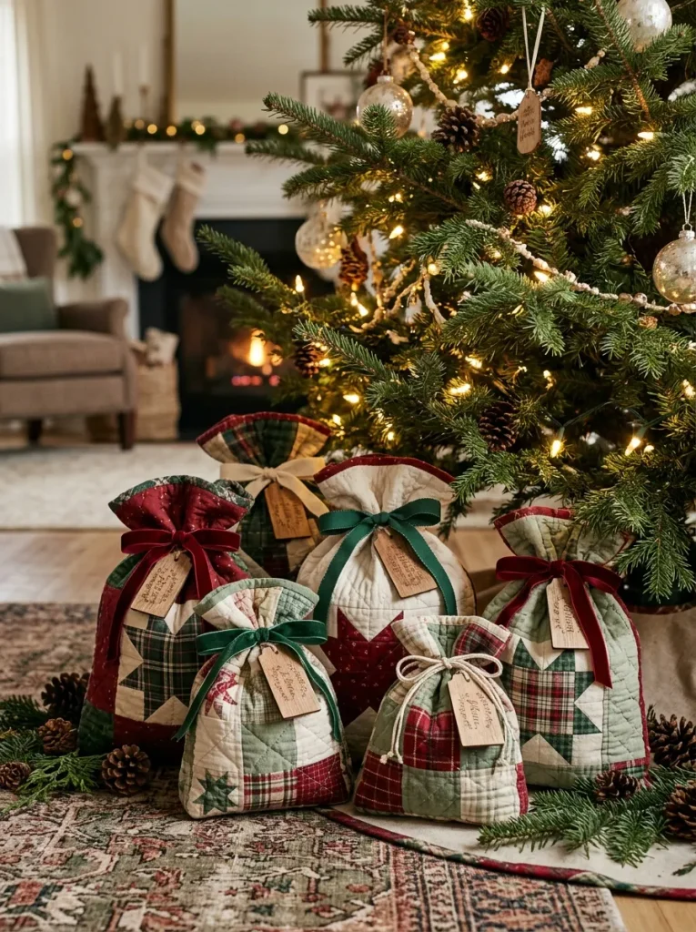 15 quilted christmas gift bag ideas displayed under a Christmas tree