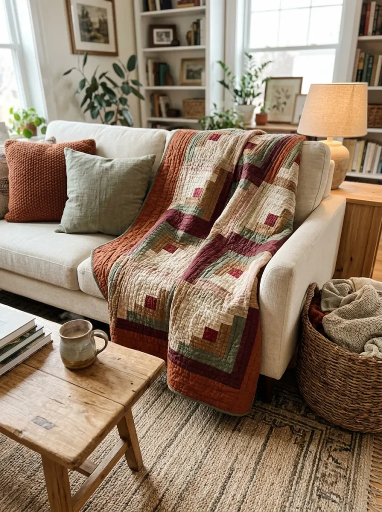 20 log cabin quilt pattern ideas for a cozy living room featuring a handmade patchwork quilt on a cream sofa.
