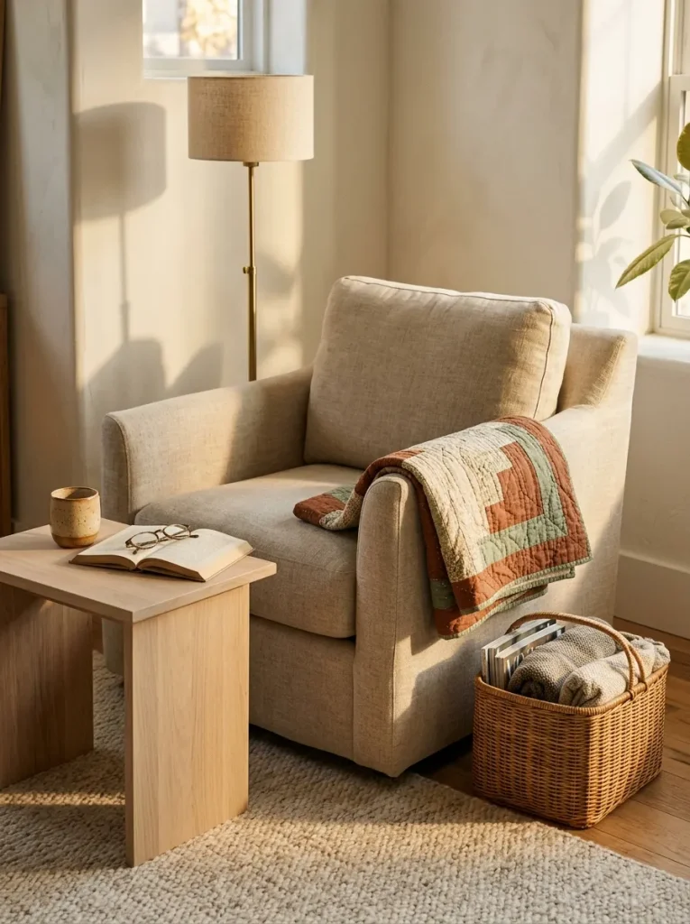 20 log cabin quilt pattern ideas for a cozy living room with a handmade quilt draped over a linen reading chair.