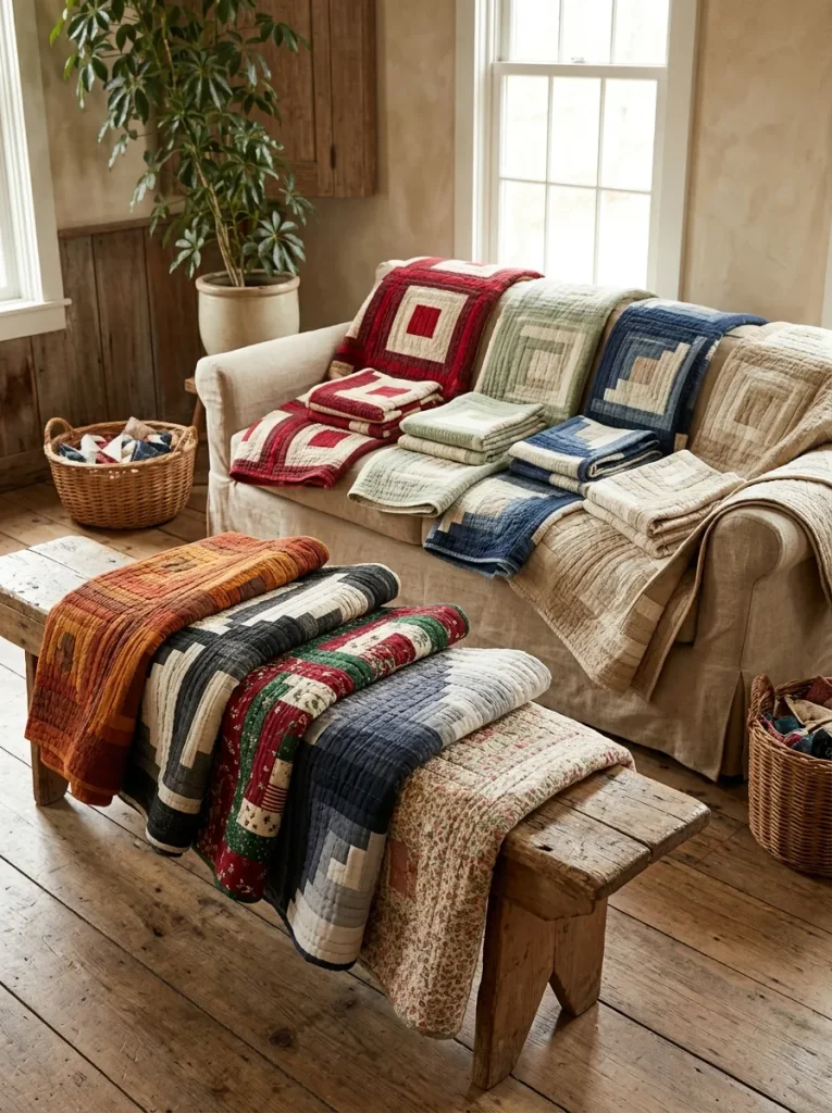20 log cabin quilt pattern ideas for a cozy living space featuring colorful handmade quilts displayed on a wooden bench.