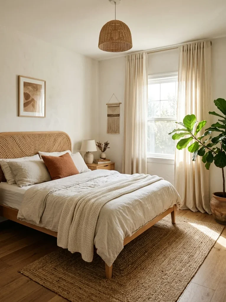 6 best boho curtains for bedrooms and living rooms in a warm neutral boho bedroom