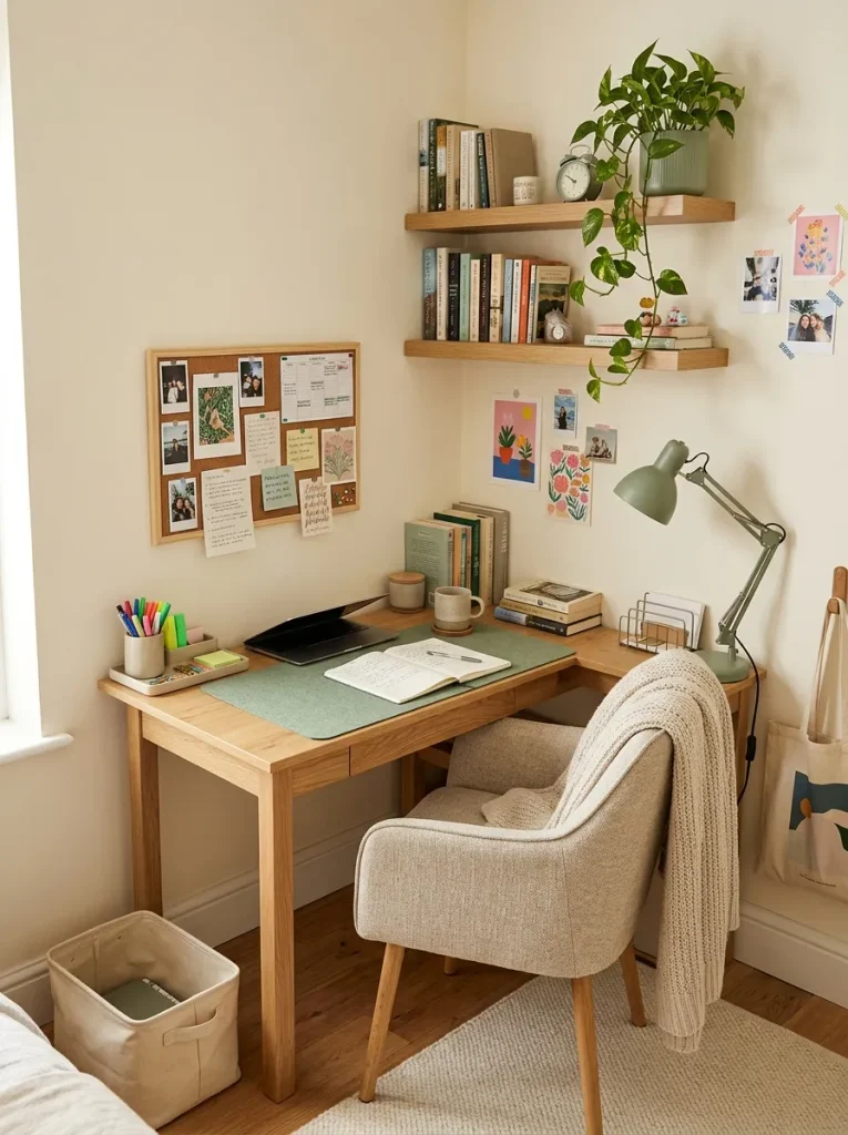 Aesthetic teenage bedroom study space with organized desk and warm lighting