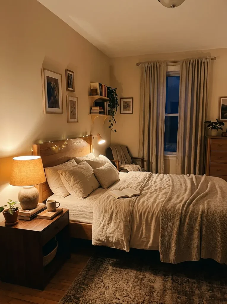 Bedroom with warm lighting furniture