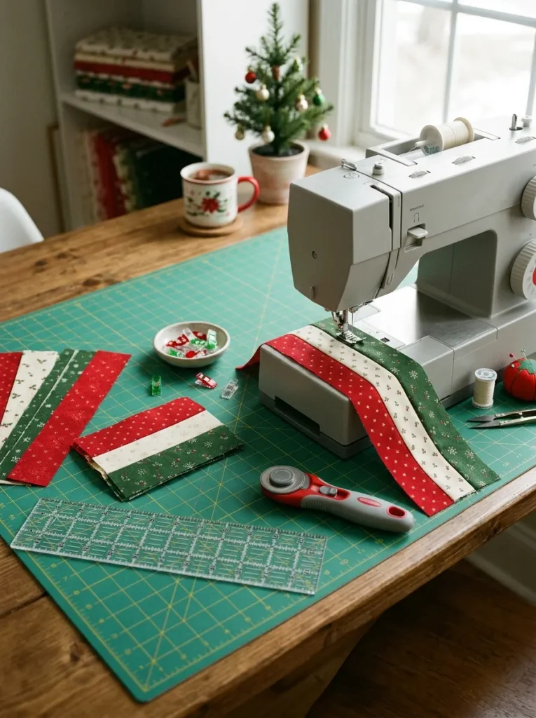 Beginner Christmas jelly roll quilt patterns with a rail fence block and sewing machine.