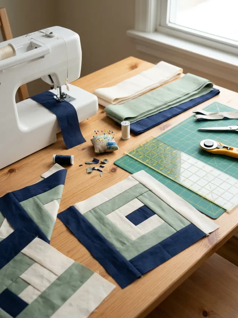 Beginner log cabin quilt pattern ideas featuring fabric strips, sewing supplies, and colorful patchwork blocks.