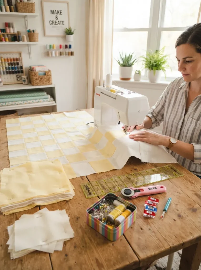 Beginner quilting scene with sup