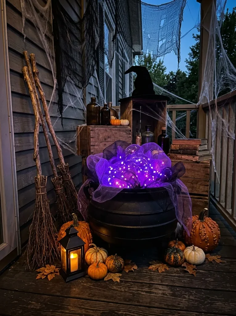 Black Halloween witch cauldron glowing with purple lights on a porch