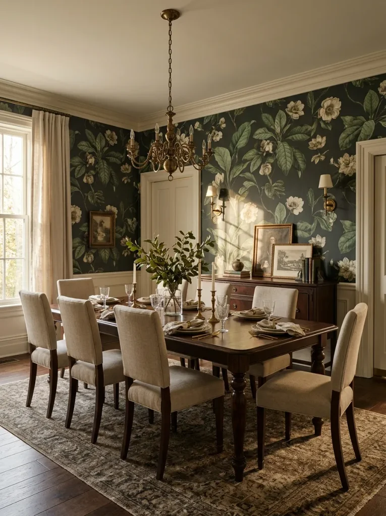Botanical wallpaper dining room accent wall with dark wood furniture and brass lighting