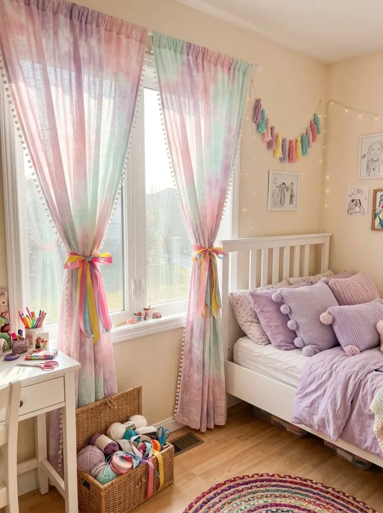 Budget-friendly DIY girls bedroom curtains featuring pastel tie-dye and pom-pom trims