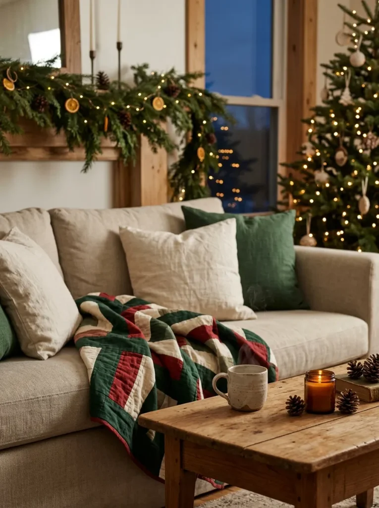  Christmas jelly roll quilt decorating idea with a festive strip quilt on a sofa.