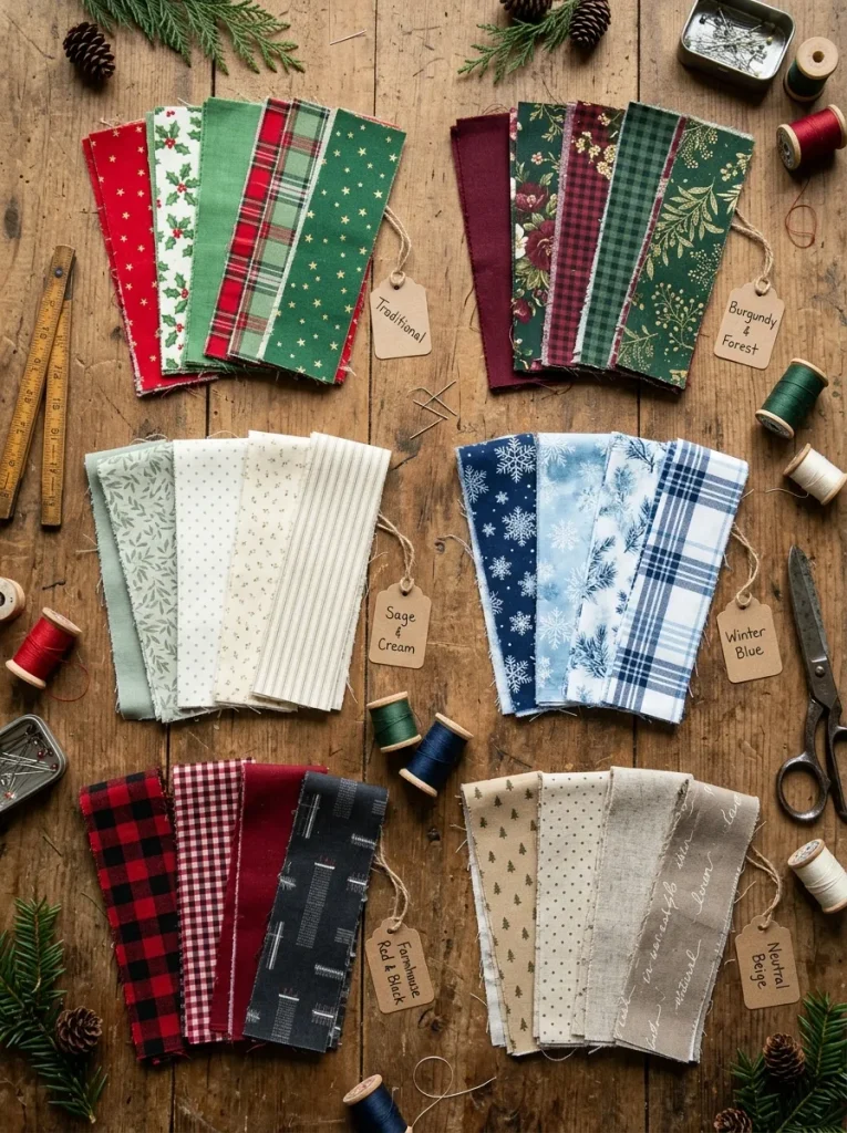 Christmas jelly roll quilt fabric colors in traditional, modern, and winter palettes.