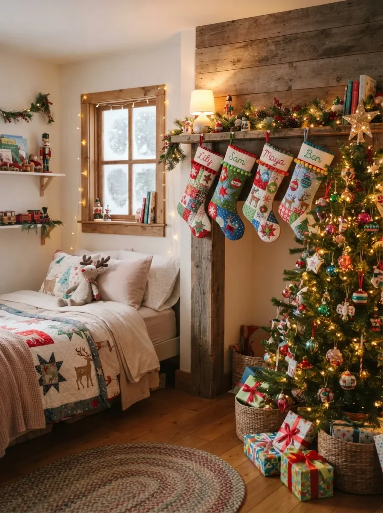 children’s Christmas bedroom scene showing colorful quilted stockings