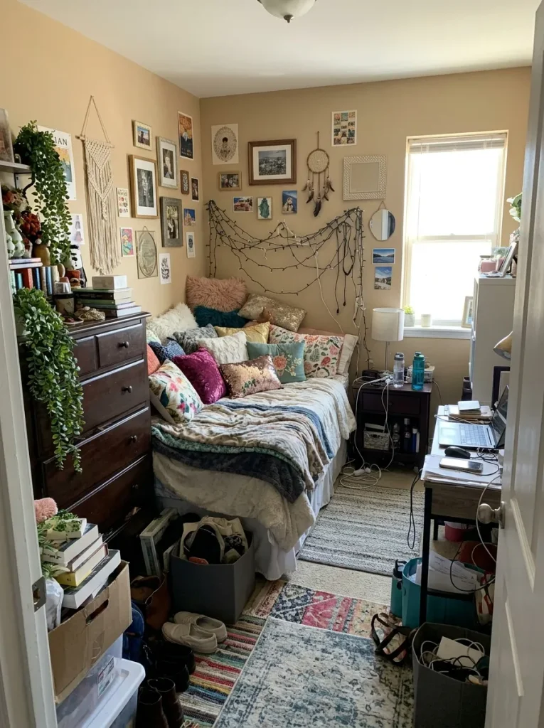 Common small cozy bedroom decorating mistakes with clutter and oversized furniture.
