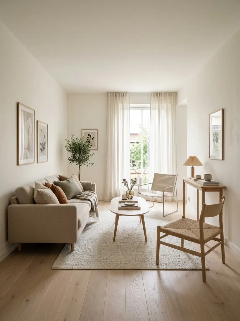 Compact sofa and slim furniture arranged in a narrow living room