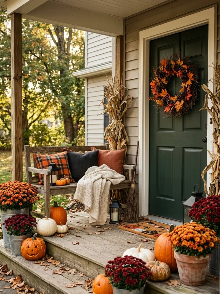 Cozy Halloween porch bench with plaid pillows, pumpkins, and autumn blankets