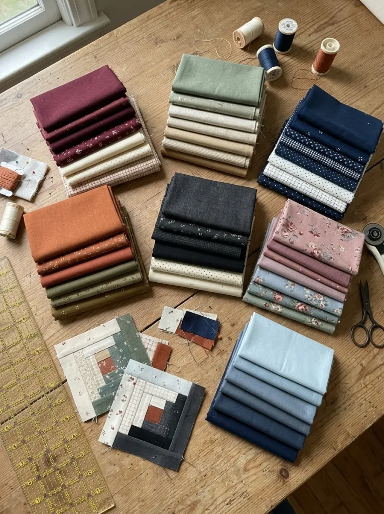 Cozy log cabin quilt pattern ideas featuring cream, burgundy, sage, navy, and earth-tone fabric palettes.