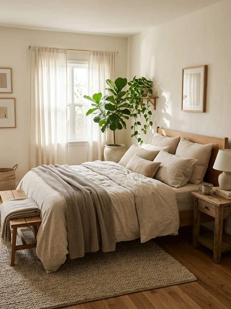 Cozy room makeover with warm lighting and soft textures