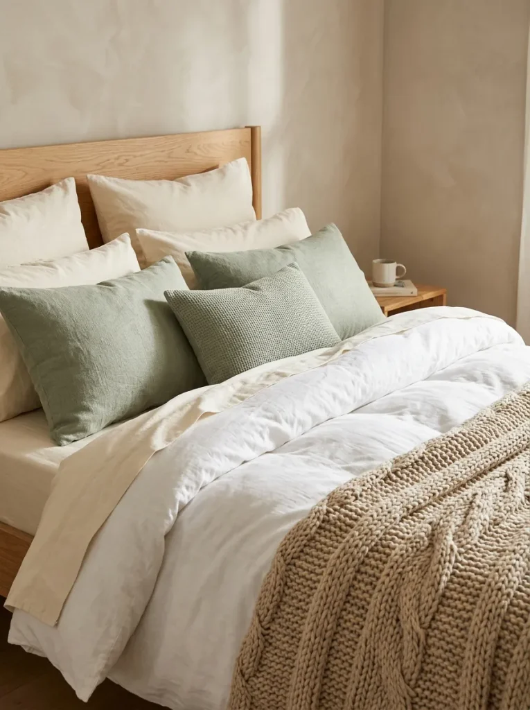 Cozy small bedroom bedding with layered blankets, pillows, and soft textures.