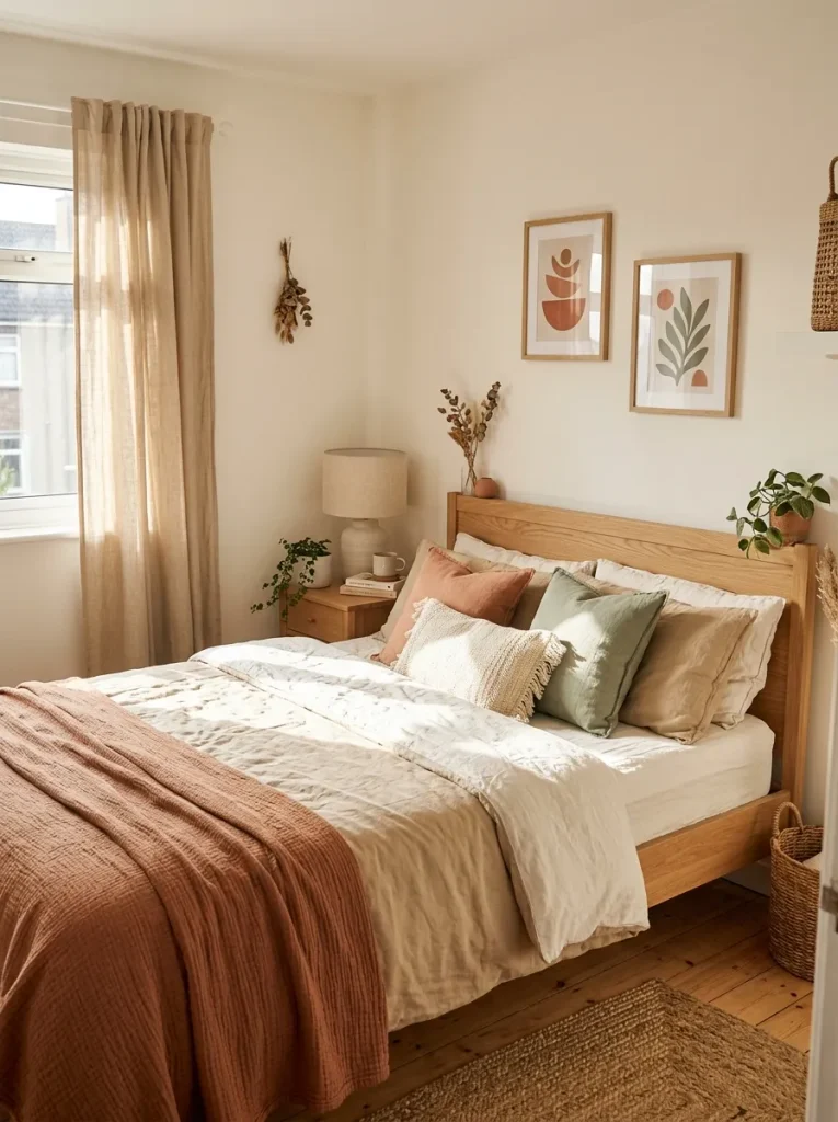 Cozy small bedroom color ideas with warm beige and sage green decor.
