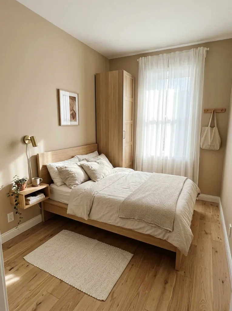 Cozy small bedroom furniture arrangement with space-saving furniture and floating shelves