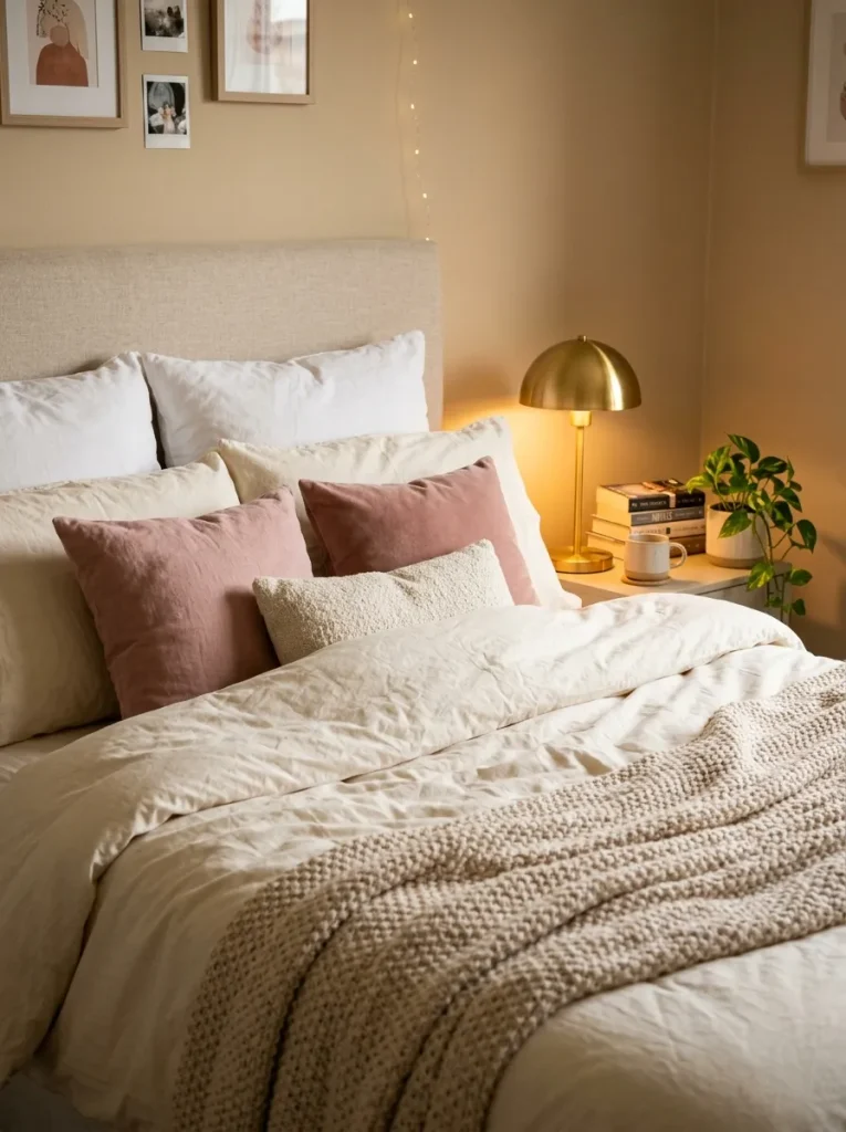 Cozy teen bedroom bed styling with layered pillows and soft blankets.