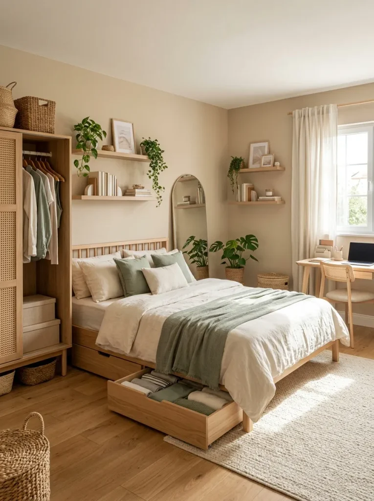 Cozy teen bedroom storage ideas with under-bed drawers and woven baskets