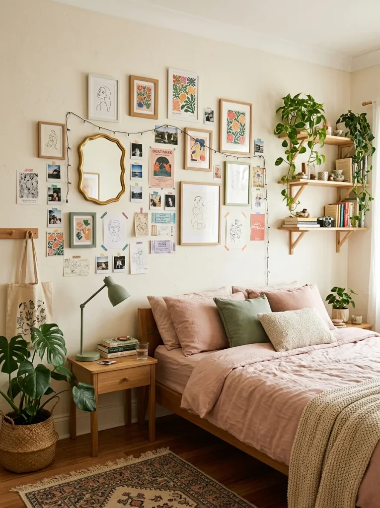 Cozy teen bedroom wall decor with personalized photo gallery and aesthetic artwork