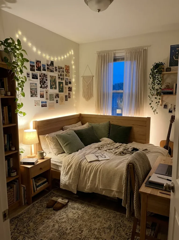 Cozy teen room lighting ideas with warm fairy lights and bedside lamps