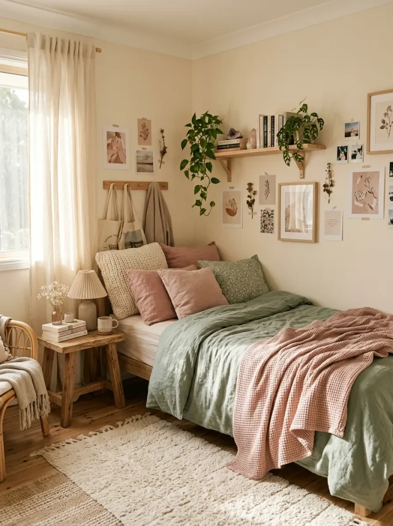 Cozy teenage bedroom color palette with warm neutrals and sage green accents