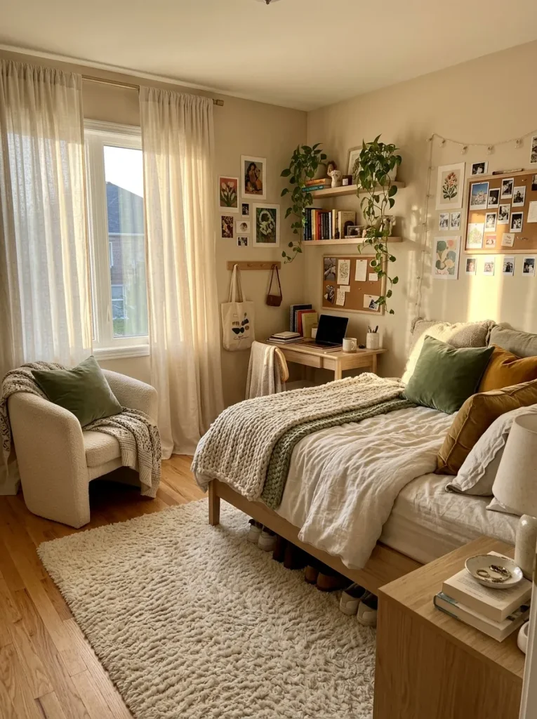 Cozy teenage bedroom decor with soft rugs, curtains, and layered textures