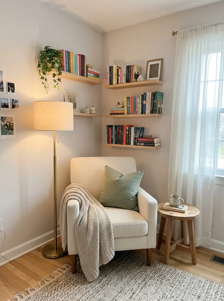 Cozy teenage bedroom reading corner with soft seating and warm lighting
