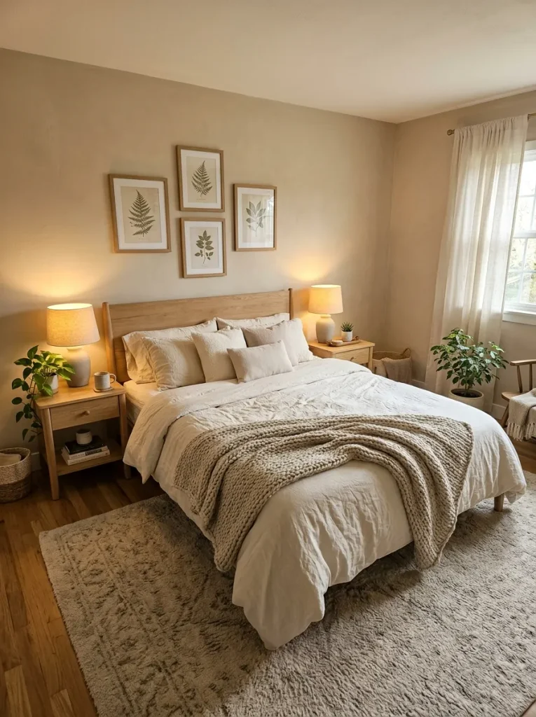 Cozy bedroom with cream bedding
