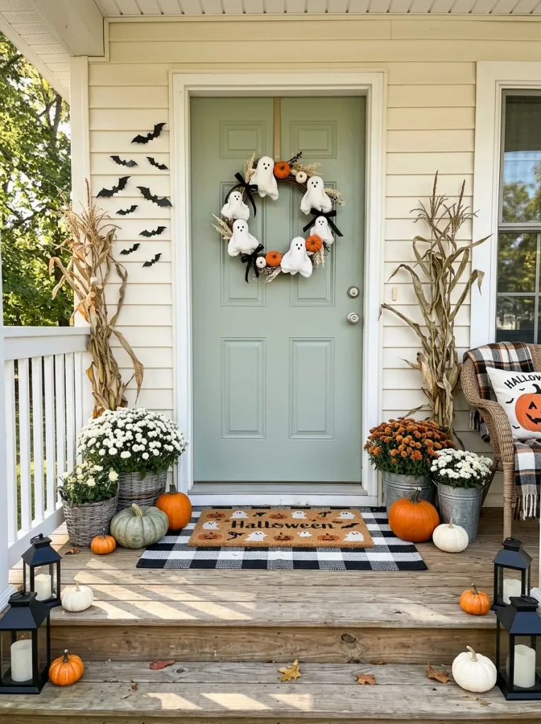 Cute DIY Halloween ghost wreath hanging on a sage-green front door