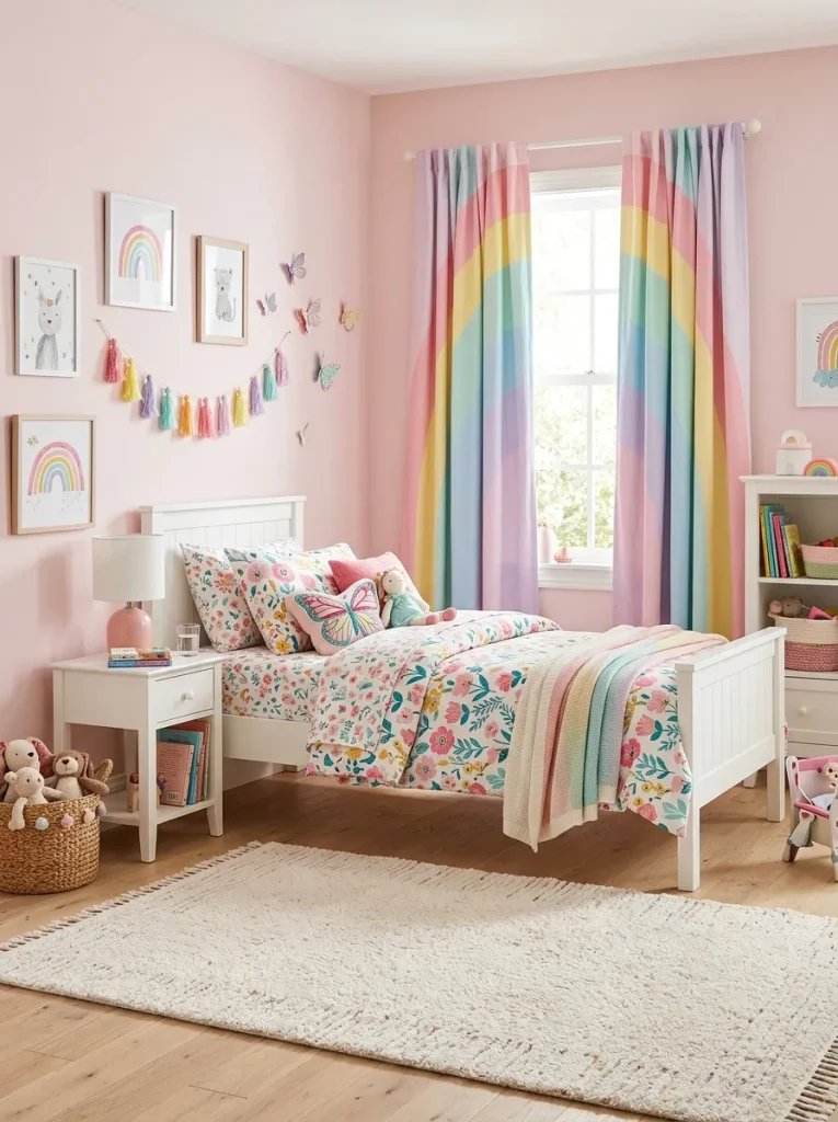 Cute patterned girls bedroom curtains with colorful rainbows and playful bedroom decorations