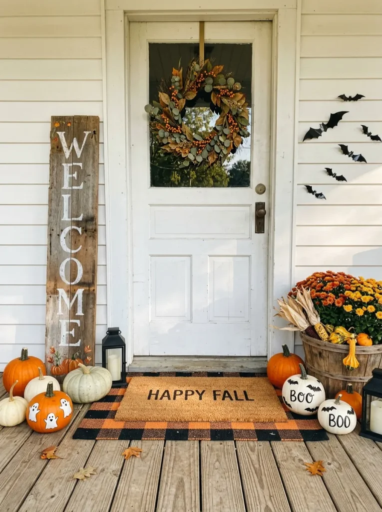DIY Halloween porch welcome sign with painted pumpkins and cute ghost decorations