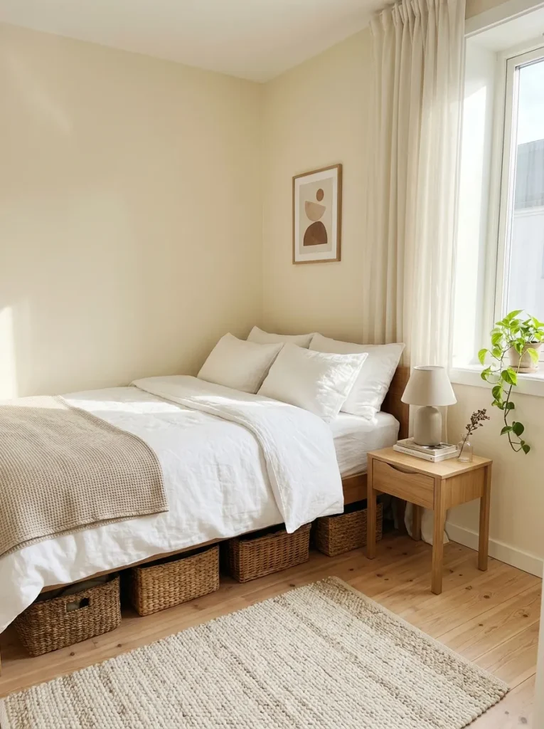 Decluttered cozy small bedroom with organized storage and neutral decor