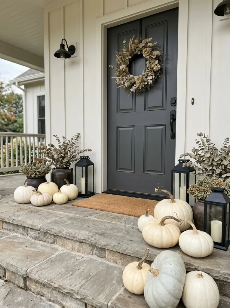 Elegant Halloween porch decor featuring white pumpkins and black lanterns