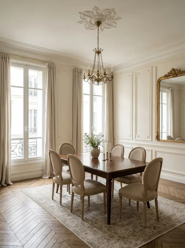 Elegant ivory picture frame molding accent wall in a traditional dining room