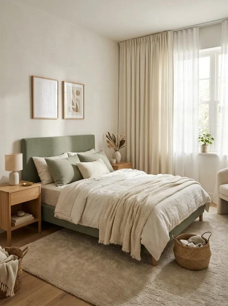 Elegant modern girls bedroom curtains with floor-length ivory panels and neutral decor