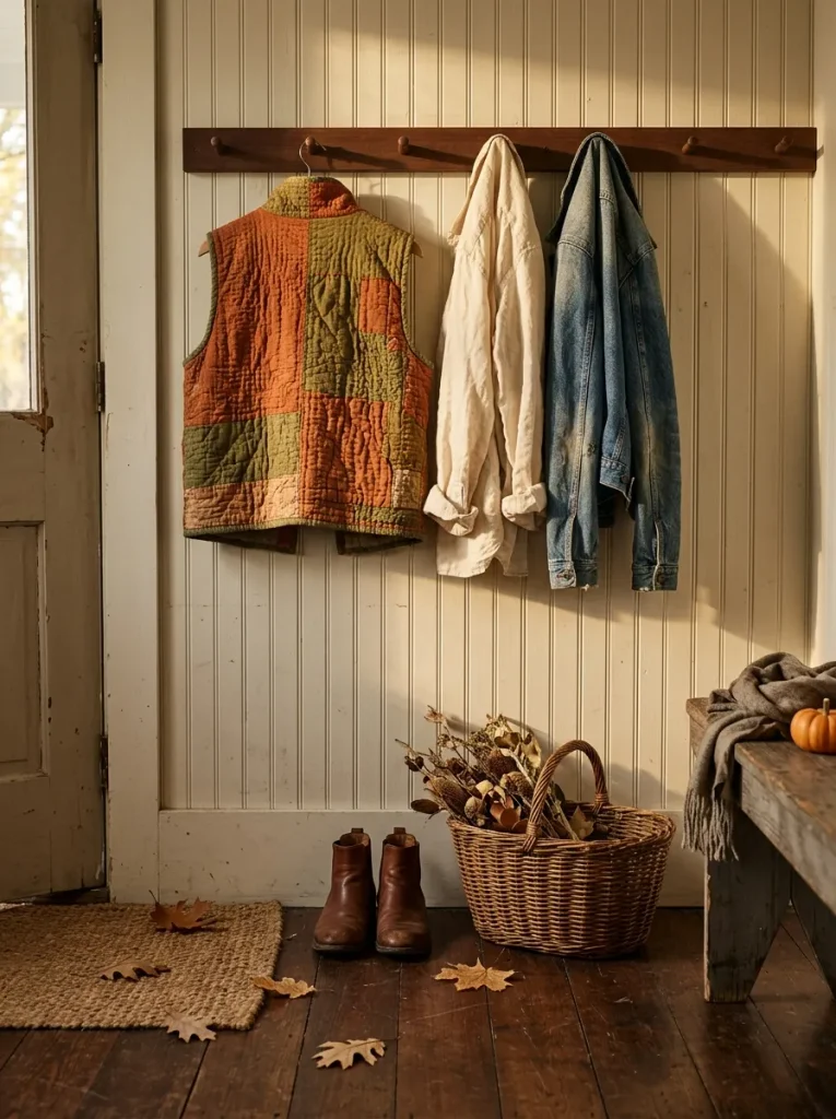 Fall quilted jacket and vest ideas featuring a handmade rust and olive patchwork v