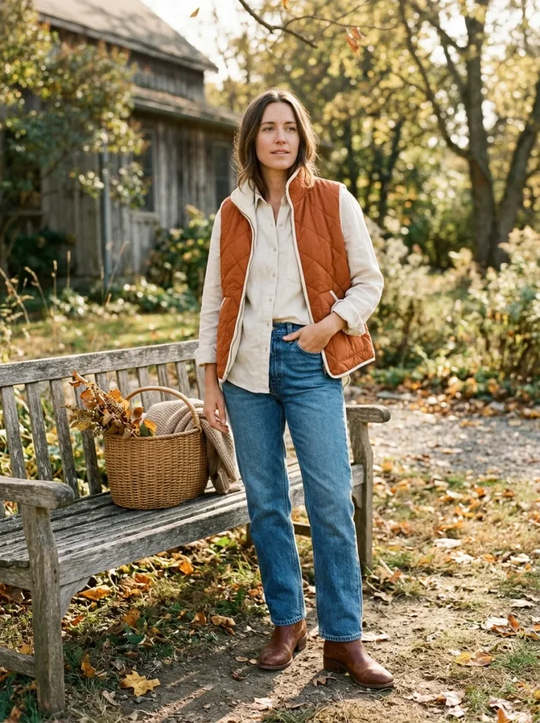 Fall quilted jacket and vest ideas featuring a rust patchwork vest with denim and boots.