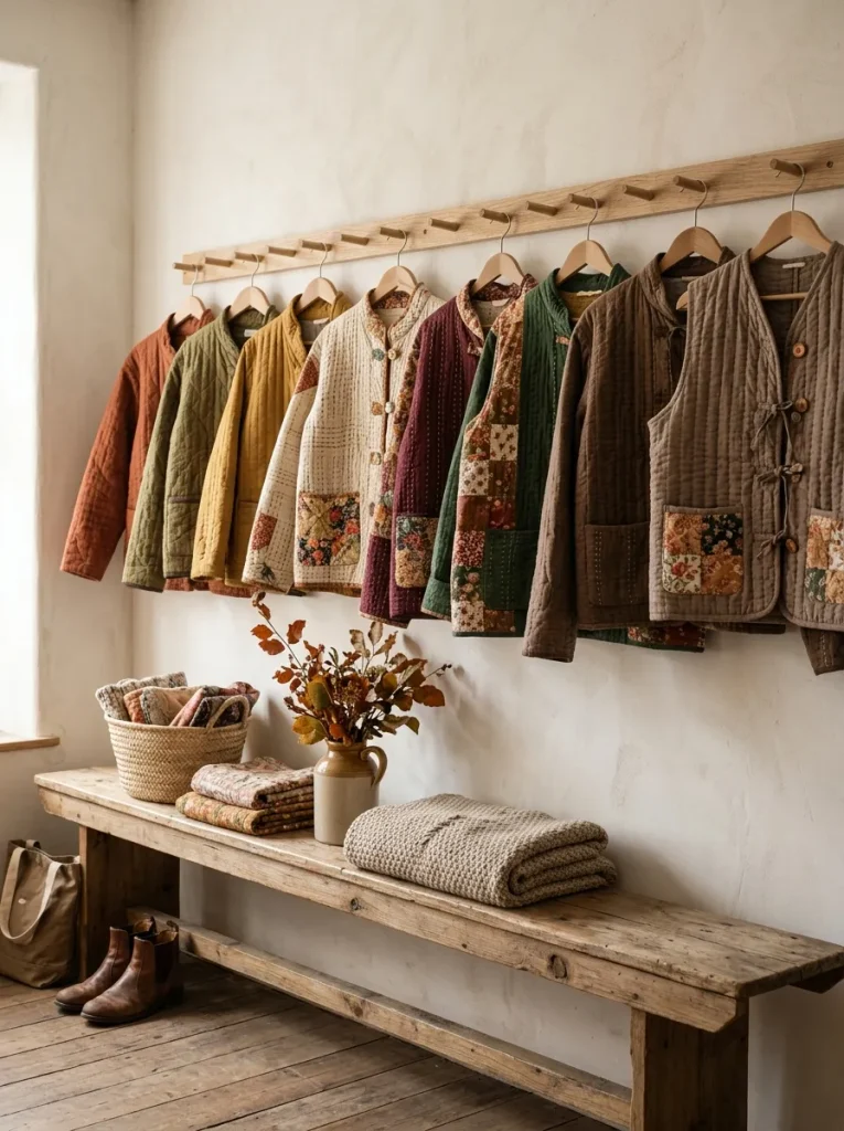 Fall quilted jacket and vest ideas featuring handmade autumn patchwork clothing.