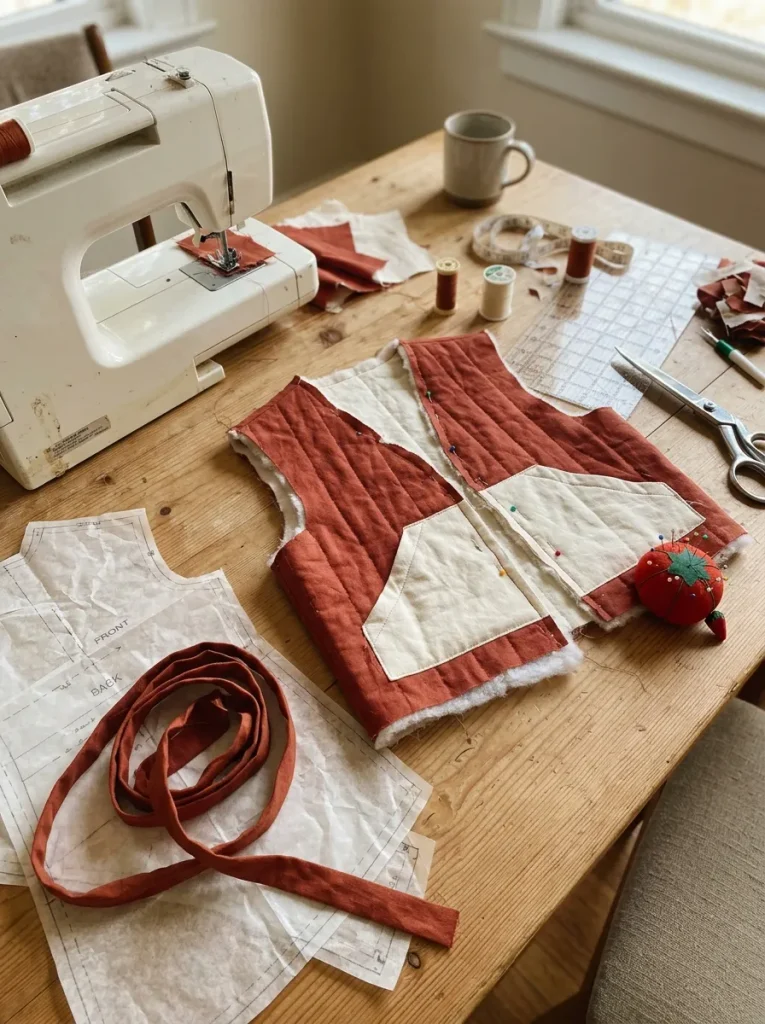 Fall quilted jacket and vest ideas for beginners with a handmade patchwork vest and sewing supplies.