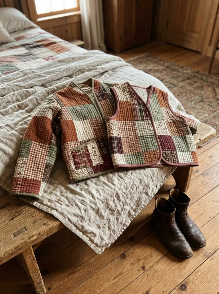 Fall quilted jacket and vest ideas showing matching handmade patchwork outerwear.