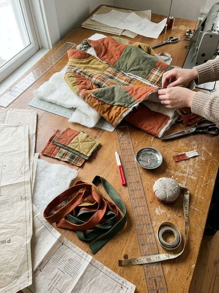 Fall quilted jacket and vest ideas showing sewing materials and quilted garment adjustments.