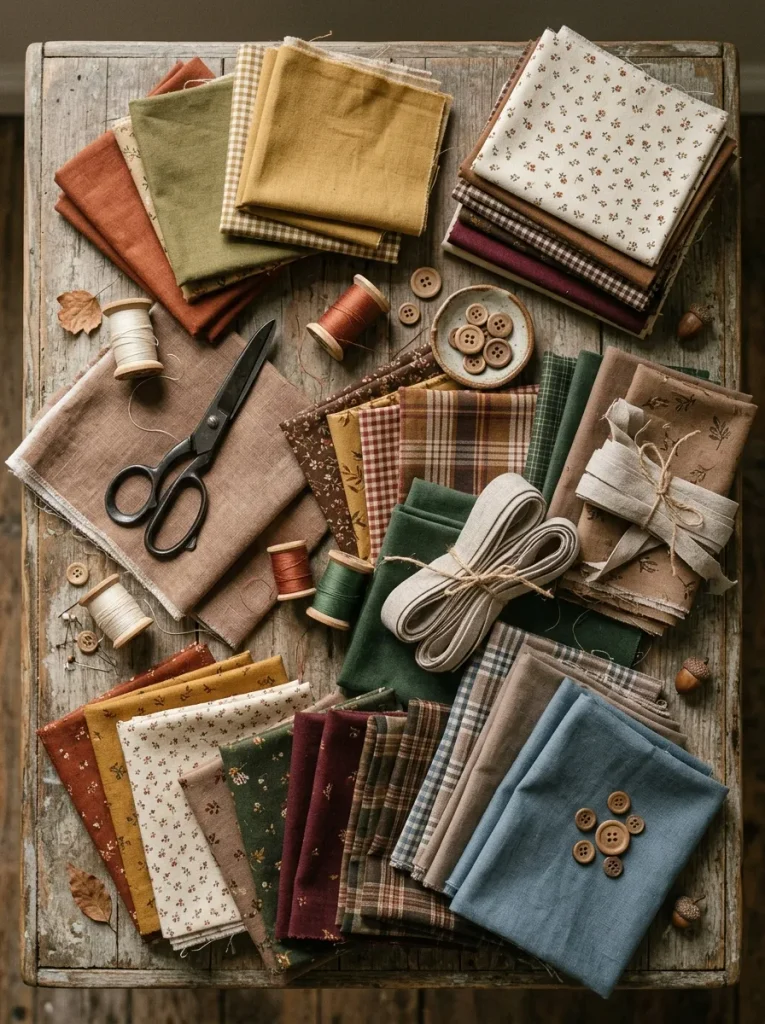 Fall quilted jacket and vest ideas with rust, olive, burgundy, and neutral fabrics.