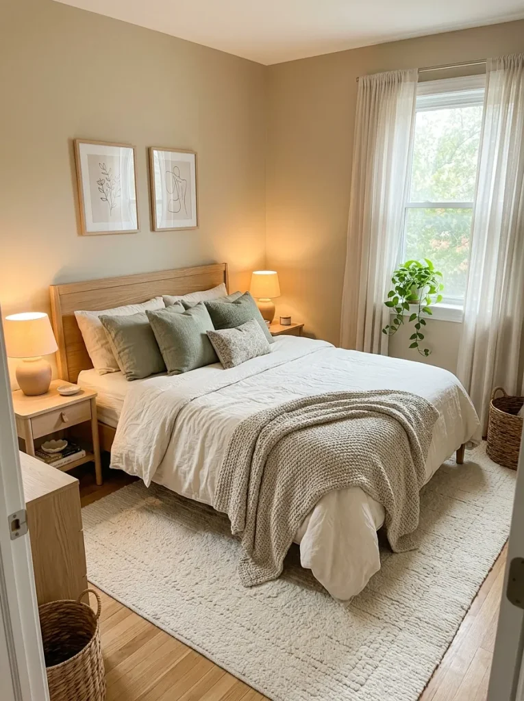 Finished cozy small bedroom with warm lighting, layered bedding, and neutral decor