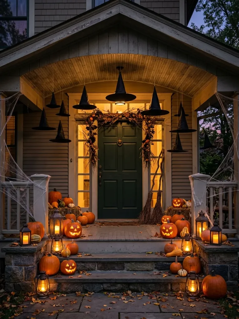 Floating black witch hats hanging above a decorated Halloween front porch.
