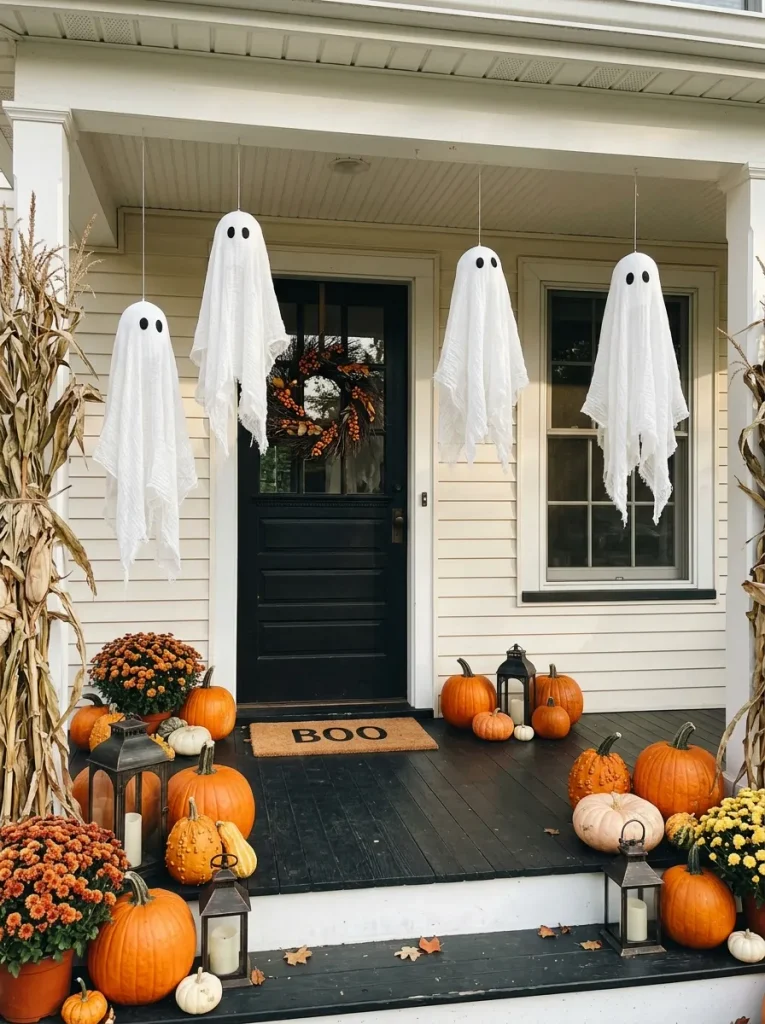 Floating white fabric ghosts decorating a Halloween front porch entrance
